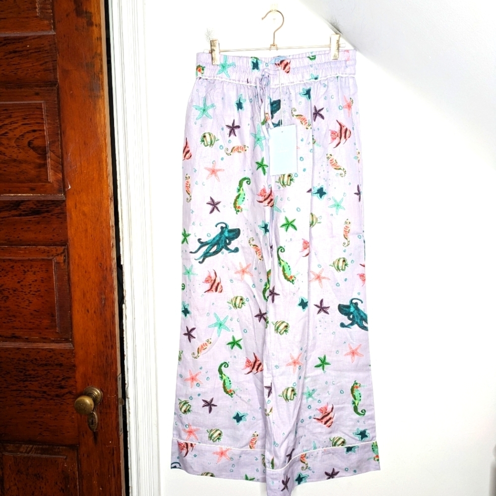 Hill House Lavender Wide-Leg Pants with Colorful Sea Life Print